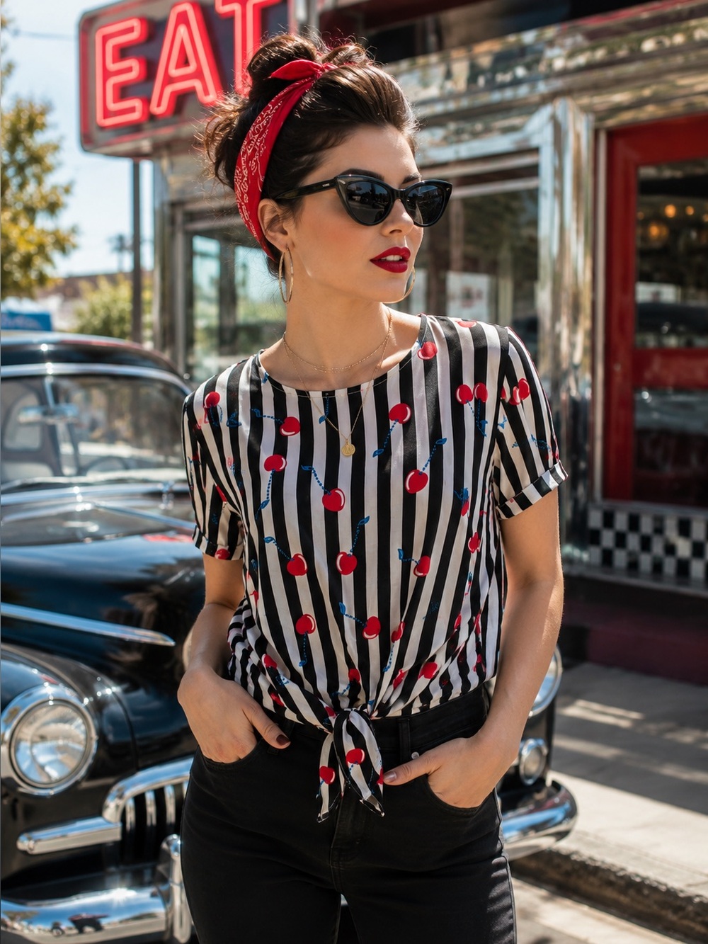 CYNTHIA ROWLEY Tie Front Black and White Striped Cherry Print Summer Blouse, L